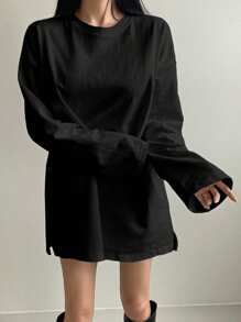 DAZY Áo thun nữ tay dài cổ tròn rộng màu đen trơn, thời trang xuân thu, mùa thu - màu đen - Xem 5