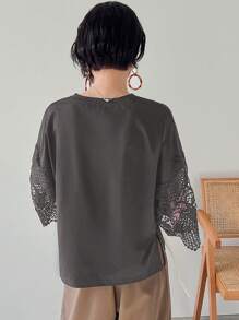 FRIFUL Women's Summer Casual Solid Color Lace Patchwork T-Shirt Lace Top Lace Sleeve Top Knit Top Summer Top Women Top