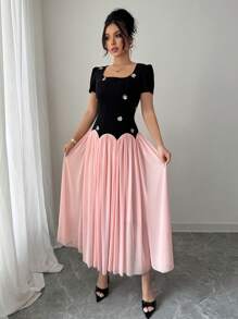 Selianne Damen Vintage Kontrast Patchwork Kleid, französischer Stil elegantes langes Kleid, einzigartiges Design, hochwertiges Gelegenheitskleid für den Sommer - Schwarz - Übersicht 4