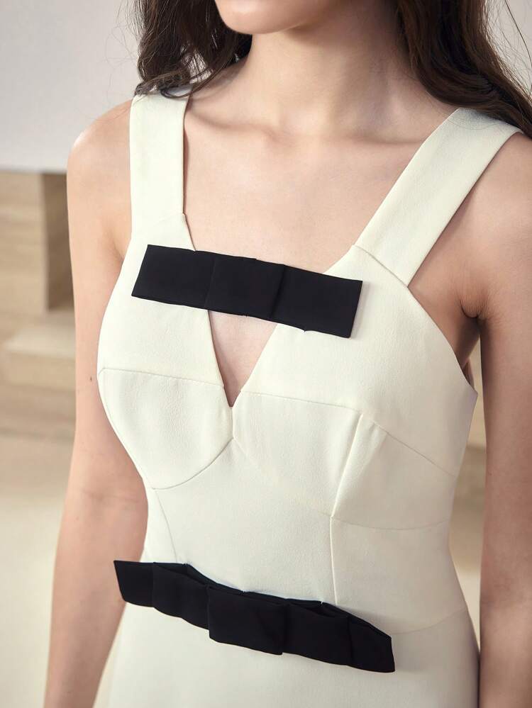 MOTF STUDIO WOMEN CONTRAST COLOR COLLAR BOW DECOR MINI DRESS
