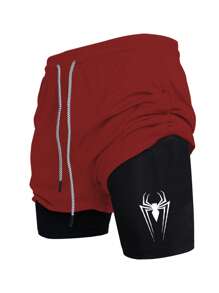 Manfinity Sport PWRUP Men's Spider Print Crew Neck Tank Top And Drawstring Waist Double Layer Shorts Sports Suit Workout Clothes Running Sets