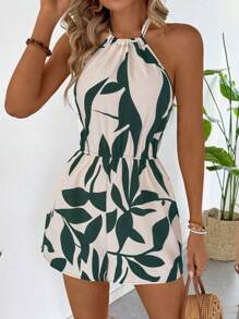 Breezaya Leaf Print Tie-Neck Cinched Waist Sleeveless Romper, Spring/Summer - Green - View 5