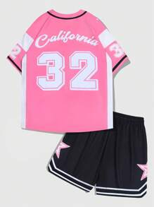 ROMWE MEN Prep Men's Contrast Color Patchwork Numeral Print Baseball Shirt + Casual Shorts 2pcs Set - Multicolor - View 2