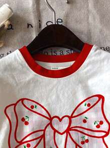 SHEIN Leap Crew 可爱甜美格子樱桃与蝴蝶结图案拼色青少年女孩休闲圆领短袖 T 恤，适合夏季 - 彩色 - 查看 4