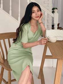 DAZY Damen Einfarbiges Midi-Kleid mit kurzen Ärmeln und geraffter Taille, elegant