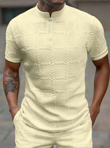 Manfinity Homme 男士休闲立领 Polo 衫，夏季时尚 - 杏色 - 查看 1