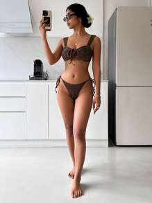SHEIN Swim Brown Textured Fabric Tie Front Hollow Out Ladies Swimsuit Set For Summer Beach Vacation - Brown - View 4