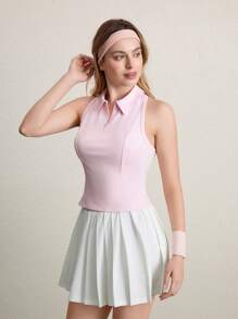 CourtClass Polo de malla sin mangas con cremallera frontal, liso, para yoga y gimnasio, de mujer