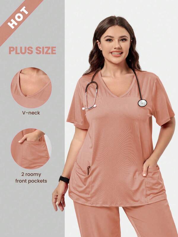 TaskEZ Plus Size Plain Color V-Neck Short Sleeve /Nursing Scrub Uniform, Fashionable For Summer