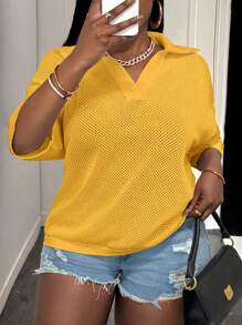 Slaydiva Plus Size Women Loose Solid Beige V-Neck Drop Shoulder Openwork Knitted Casual Vacation Shirt Top, Spring/Summer - Yellow - View 8