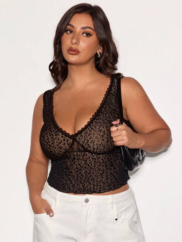SHEIN BAE Plus Size Women High Street Black Flocked Leopard Mesh Semi-Sheer Crop Top, Bodycon, Fitted, Y2K, Baddie Style, Suitable For Everyday Wear, Outings, Dates, Afternoon Tea, Vacation, Spring/Summer, Back To School, Work,Graduation