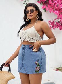 SHEIN VCAY Plus Size Denim Shorts, Casual Fitted Mini Blue Embroidered Vacation Summer, Vacation Woman, Easter, Spring, Western, Office For Women, Rave, Baby Shower , Cottagecore, Country Women, For Woman, Nashville, Graduation, Western Wear - Blue - View 5