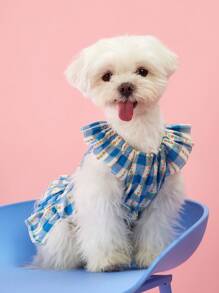 PETSIN 1 件田园风格蓝色格子蕾丝边盖袖可爱宠物狗连衣裙 - 藍色 - 查看 3