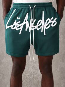 SUMWON 涂鸦标志印花运动低裆运动短裤，抽绳腰部，休闲运动都市街头篮球健身跑步训练短裤 - 墨綠色 - 查看 6