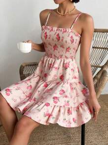 Breezaya Ditsy Floral Printed Ruffle Hem Cami Dress With Smocking Details Vacation Beach Outfits Women - Multicolor - View 1