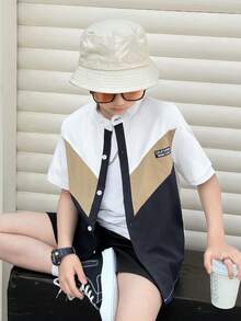 男童青少年运动休闲拼色立领短袖衬衫 - 彩色 - 查看 5