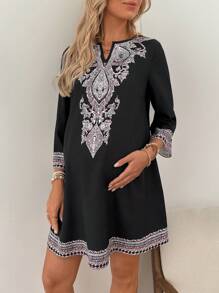 SHEIN Pregnant Women Summer Bohemian Floral Print 3/4 Sleeve Loose Maternity Dress - Black - View 5