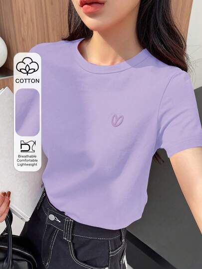 DAZY Camiseta de mujer de manga corta con bordado de corazón en unicolor simple, de uso casual para el negocio