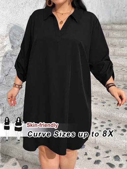SHEIN CURVE+ Plusstorlekar kvinnor Halloween färgglad rutig klänning med långärmad skjortkrage, alla hjärtans dag-klänning, alla hjärtans dag, ros, hjärta, prickig, kärlek, läppar, cupid, 3D-blomma, sommaroutfits för kvinnor, solklänningar för kvinnor strandoutfits för kvinnor/strandklänning/strandsemesteroutfits/strandessentials/examen/tebjudningsklänning