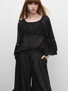 BizChic 2025夏季新款音乐节派对聚会夏季上衣，适合婚宴宾客早午餐，都市通勤，浪漫休闲，百搭春夏女装优雅上衣，黑色荷叶边蕾丝镂空宽松休闲上衣 - 黑色 - 查看 3