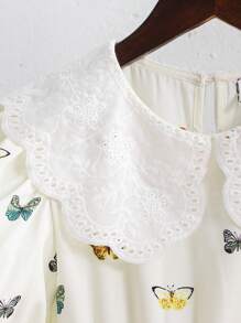 Vestido de fiesta ajustado con cuello, manga abullonada y estampado de mariposa tejido informal y lindo para niñas preadolescentes - Beis - Ver 11