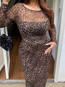 Dazy Plus Plus Size Leopard Print Contrast Mesh Long Sleeve Street Style Dress, Spring/Fall - Coffee Brown - View 6