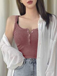 DAZY Women's Crew Neck Fitted Single Button Ribbed Casual Tank Top Preppy Tops - Pink - View 5