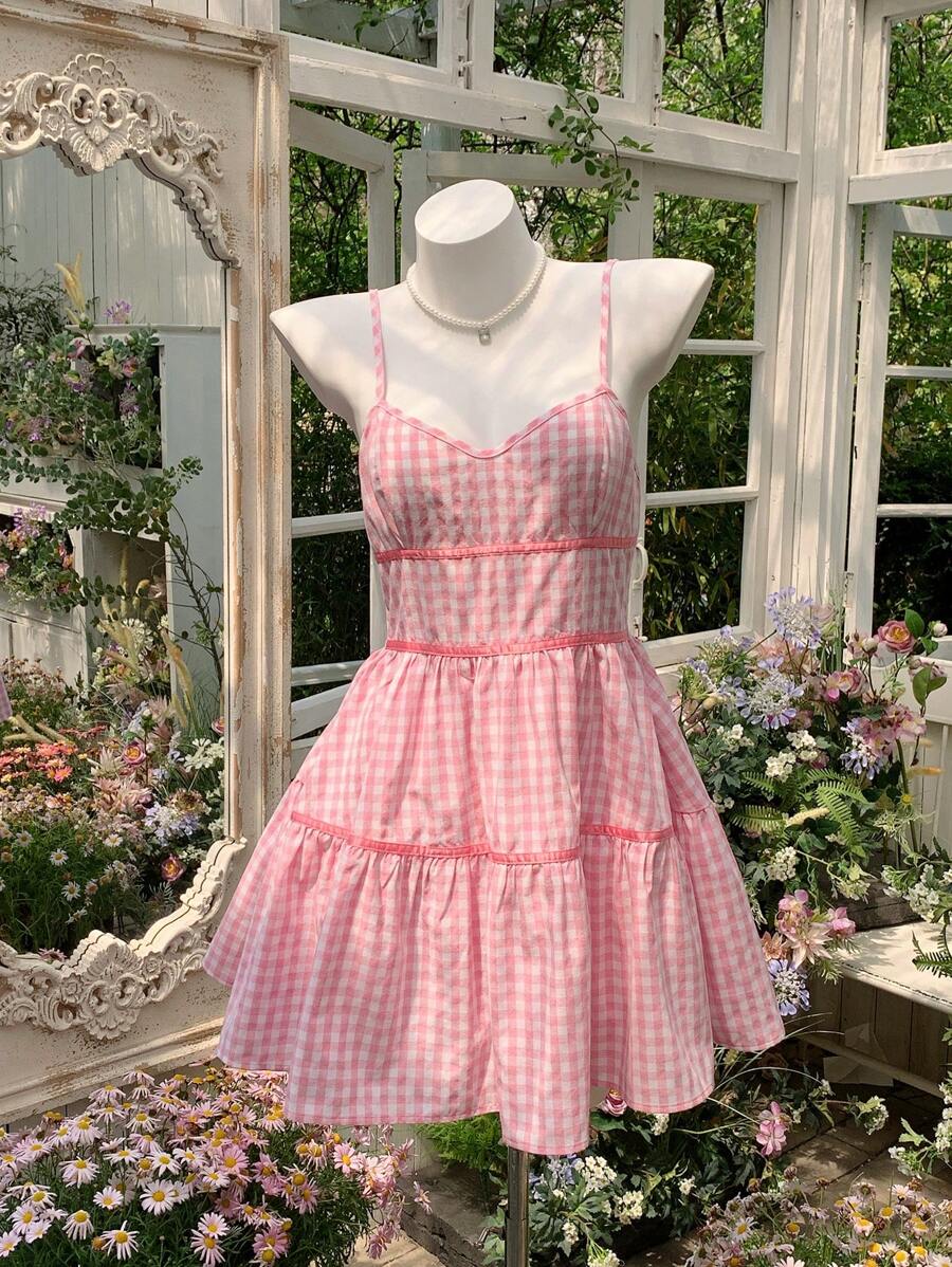Comfortcana Váy ngắn họa tiết kẻ caro cho nữ, thời trang cho mùa hè - Hồng - Xem 1