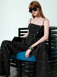 Arave Pantaloni a gamba larga da donna, di colore unito con decorazioni in finta perla, di moda per l'estate, set da 2 pezzi, pantaloni, casual business per donna