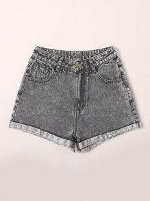 SHEIN EZwear Summer Rolled High-Rise Denim Shorts - Light Grey - View 4