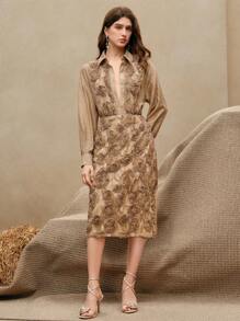 Anewsta 2pcs Textured Embossed Jacquard Elegant Office Lady Chic Blouse & A-Line Skirt Set, Suitable For Spring, Festivals, Casual, Vacation, Holiday, Old Money - Brown - View 7