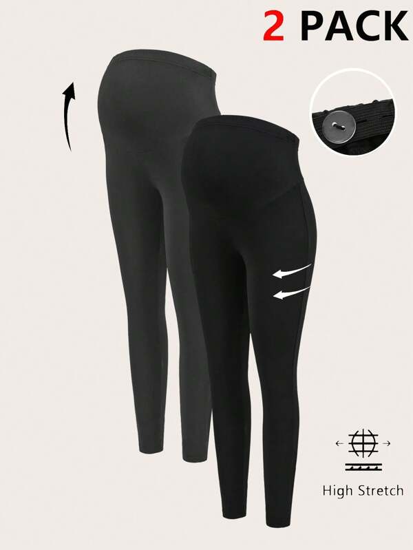 Modmama 2pcs Maternity Solid Elastic Waist Leggings, Autumn/Winter, High Stretch Skinny Pants