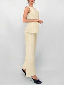 Aloruh 女士两件套西装套装：卡其色西装背心（带假口袋）和高腰裤，秋冬通勤风格