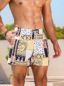 Manfinity Swimmode Men's Patchwork Print Casual Vacation Beach Shorts - Yellow - View 5