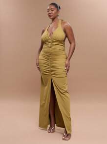 MUSERA 加大码露背深V褶皱前开衩无袖修身长款连衣裙，适合毕业典礼、节日、假期等场合，性感可爱优雅，飘逸百搭。 - 軍綠色 - 查看 4