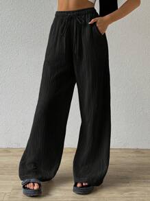 SHEIN EZwear Pantaloni largi cu picioare largi, cu țesătură șifonată texturată și talie cu șnur