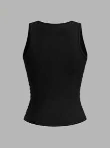 Slaydiva 3pcs/Set Women Casual Deep Notched Neck Ruched Fitted Camisole Set, Suitable For Summer