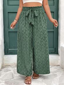 SHEIN Frenchy Plus Size Casual Vacation Tie-Up Wide Leg Pants, Fashionable For Summer,Summer Pants - Green - View 1