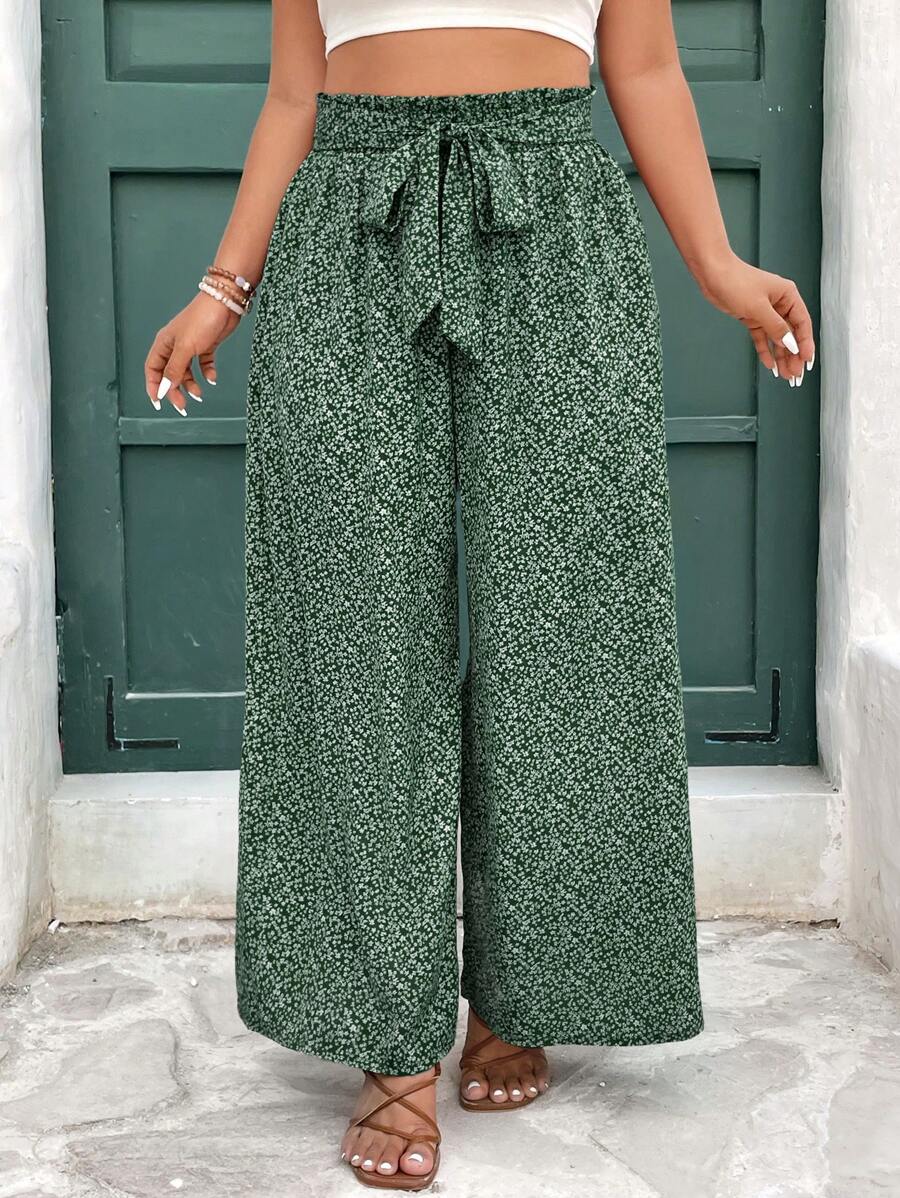 SHEIN Frenchy Plus Size Casual Vacation Tie-Up Wide Leg Pants, Fashionable For Summer,Summer Pants - Green - View 1