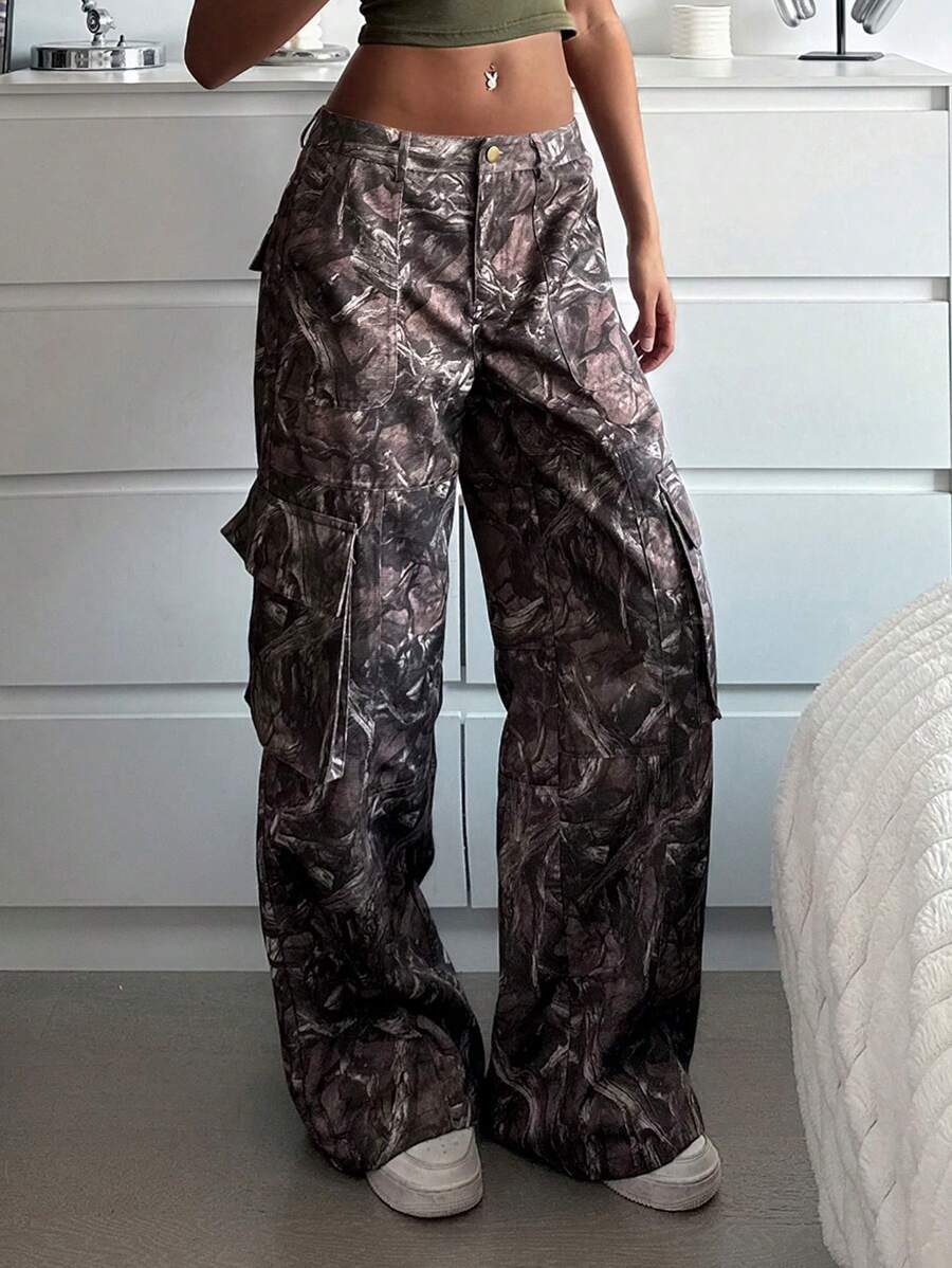SHEIN EZwear 夏季乡村音乐会分支印花工装口袋阔腿宽松休闲裤 - 彩色 - 查看 1