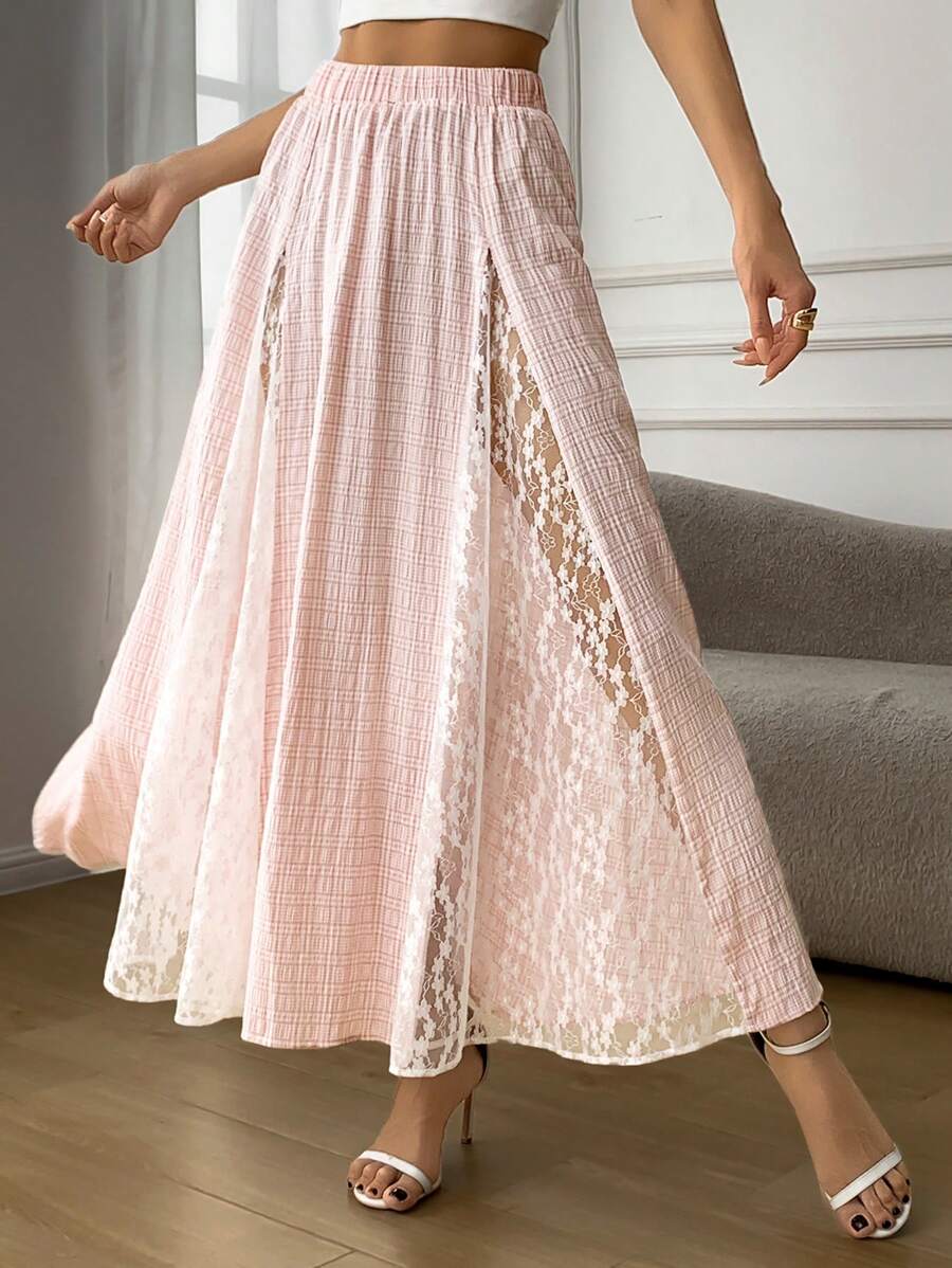 Easter Pink Plaid Contrast Lace Romantic Long Skirt - Pink - View 1