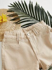 SHEIN Essnce Quần short denim giản dị có viền tua rua có túi dành cho nữ - Màu Khaki - Xem 3