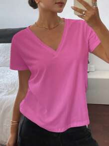 Livesso Camiseta casual holgada de manga corta con cuello en V de unicolor para mujeres, casual de oficina