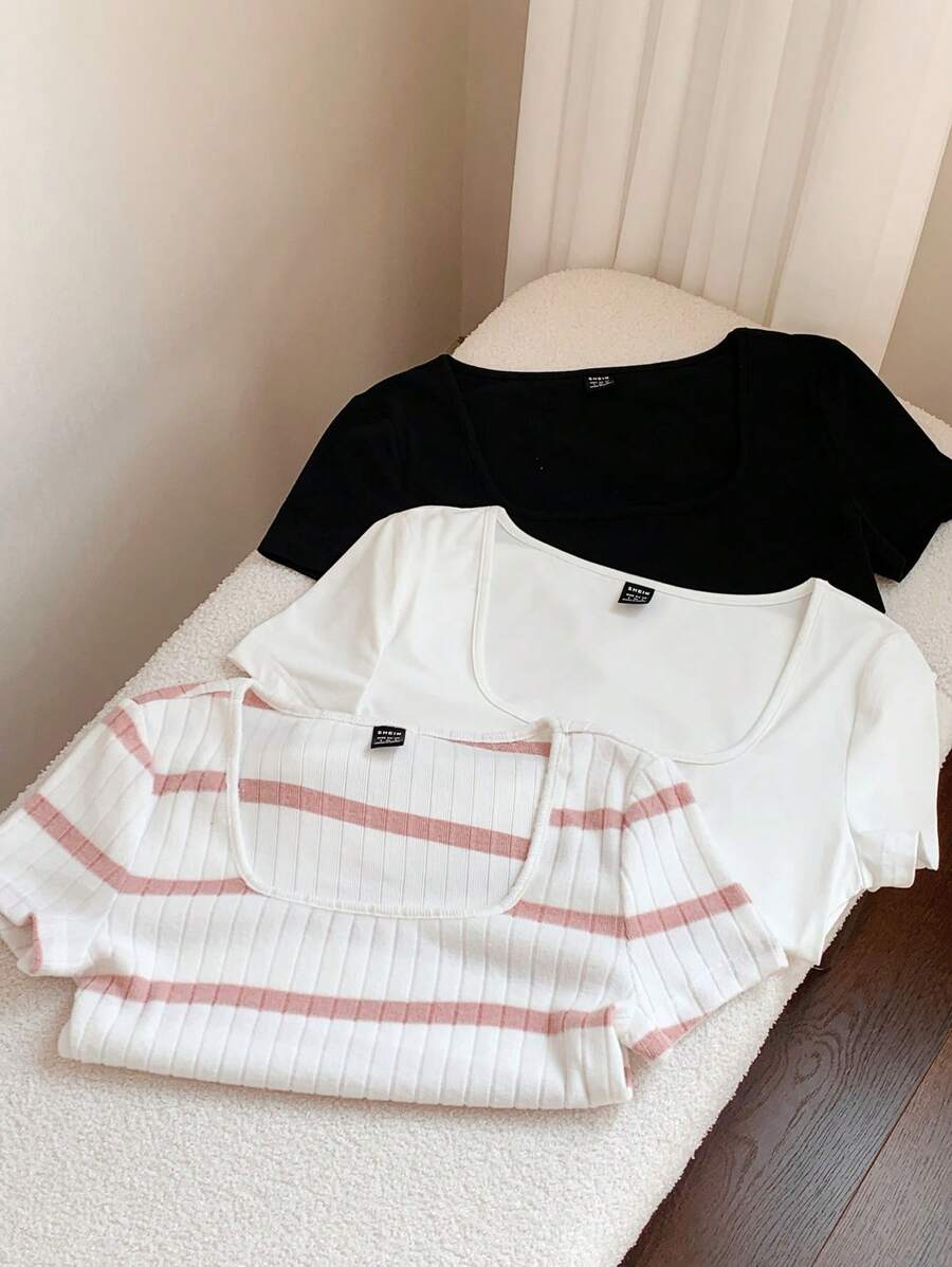 Comfortcana Bộ 3 Áo thun nữ cổ tròn tay ngắn cơ bản, đen và trắng - Nhiều màu - Xem 1