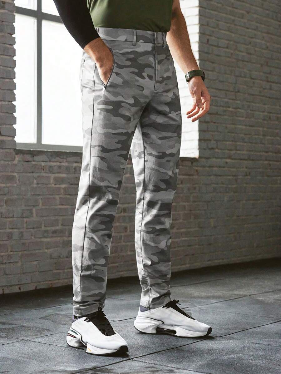Manfinity VCAY Men's Knitted Casual Loose Camo Elastic Waist Straight Leg Long Pants, Daily Wear & Young Style - Grey - View 1