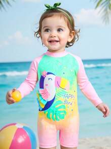 Baby Girl Cute Raglan Long Sleeve One-Piece Swimsuit - Multicolor - View 5