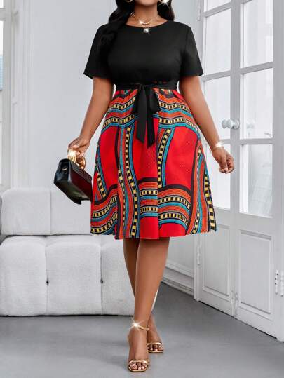 SHEIN Lady Spring And Summer Elegant Commuting Office Casual Boho Woven Knitted Round Neck Flared Belted Midi Short Sleeve Plus Size Dresses