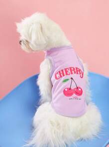 PETSIN 1 件宠物猫狗休闲紫色可爱樱桃字母印花透气背心 - 彩色 - 查看 3