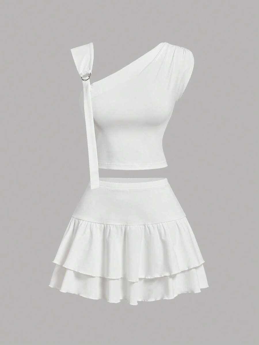 SHEIN MOD Dreamy Romantic White Ruffled Asymmetrical Women's Vest And Two-Tiered Skirt Set With Unique Shoulder Straps - Perfect For Vacations, Dates, Birthday Celebrations, Afternoon Teas, And Festivals,Summer,Beach Outfits For Woman,Vacation Outfits Women,Rave Outfits,Country Concert Outfit - White - View 1