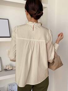 DAZY 女士蕾丝领长袖修身衬衫 - 卡其色 - 查看 2